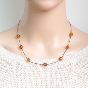 Vintage Baltic Amber Bead Sterling Silver Necklace Liquid Silver Chain